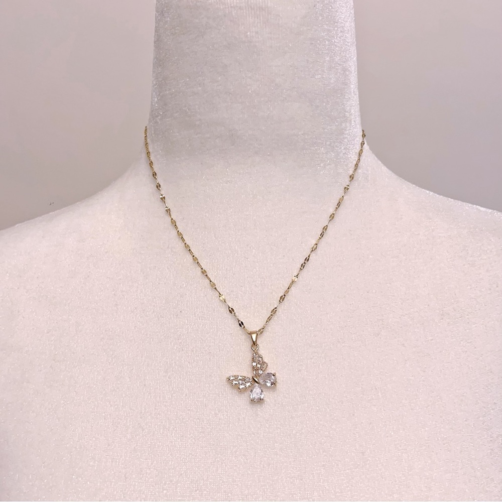NEW！Stainless Steel Butterfly Zircon Necklace – Gold Tone, 18”